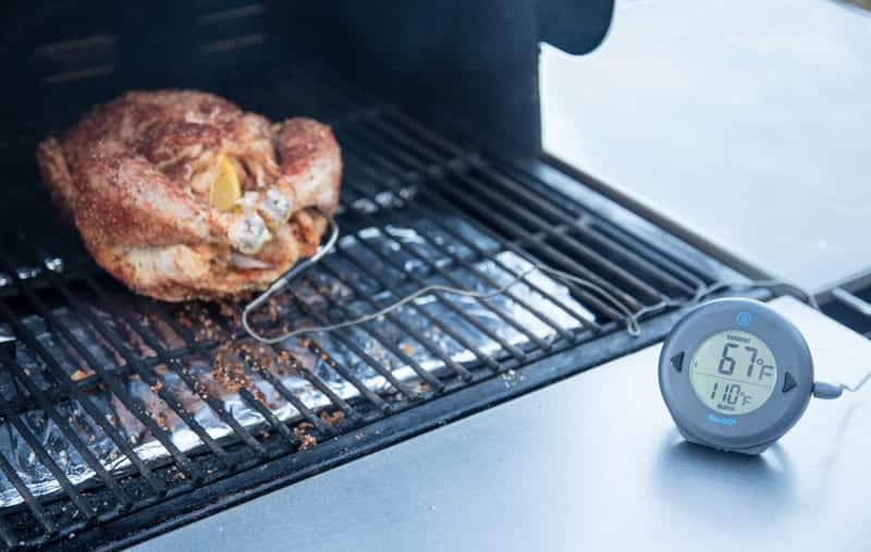 Using a leave in digital Thermoworks Dot Unit to watch the temperature while cooking chicken. 