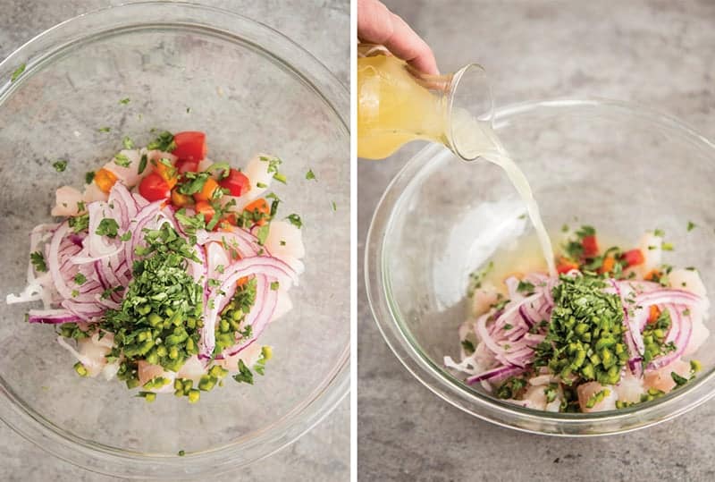 Ceviche Ingredients combined together with the citrus juice.