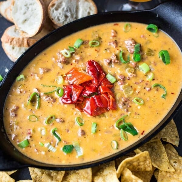 Smoked Sausage Beer Cheese Dip in a serving dish