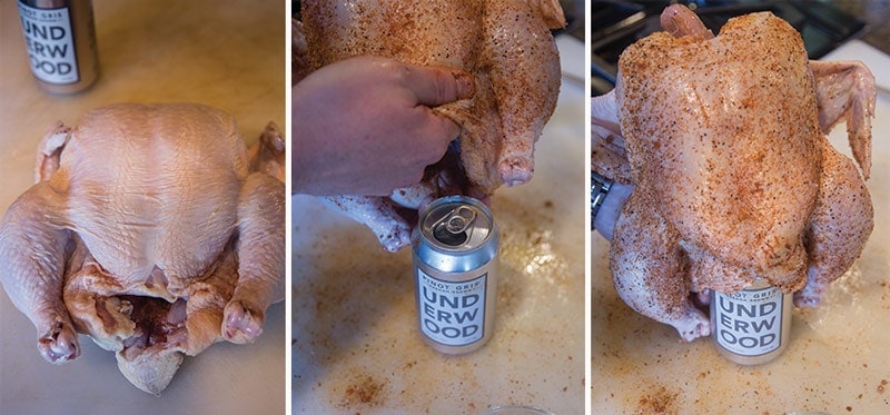 Three images showing how to place a can into a chicken cavity