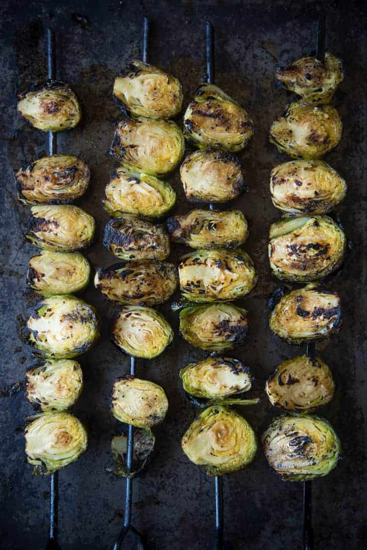 Grilled Brussels sprouts on a skewer