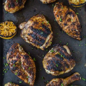 Perfect grilled chicken pieces on a platter
