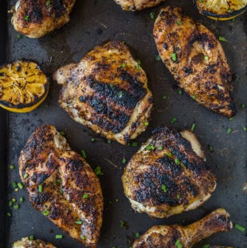 Perfect grilled chicken pieces on a platter