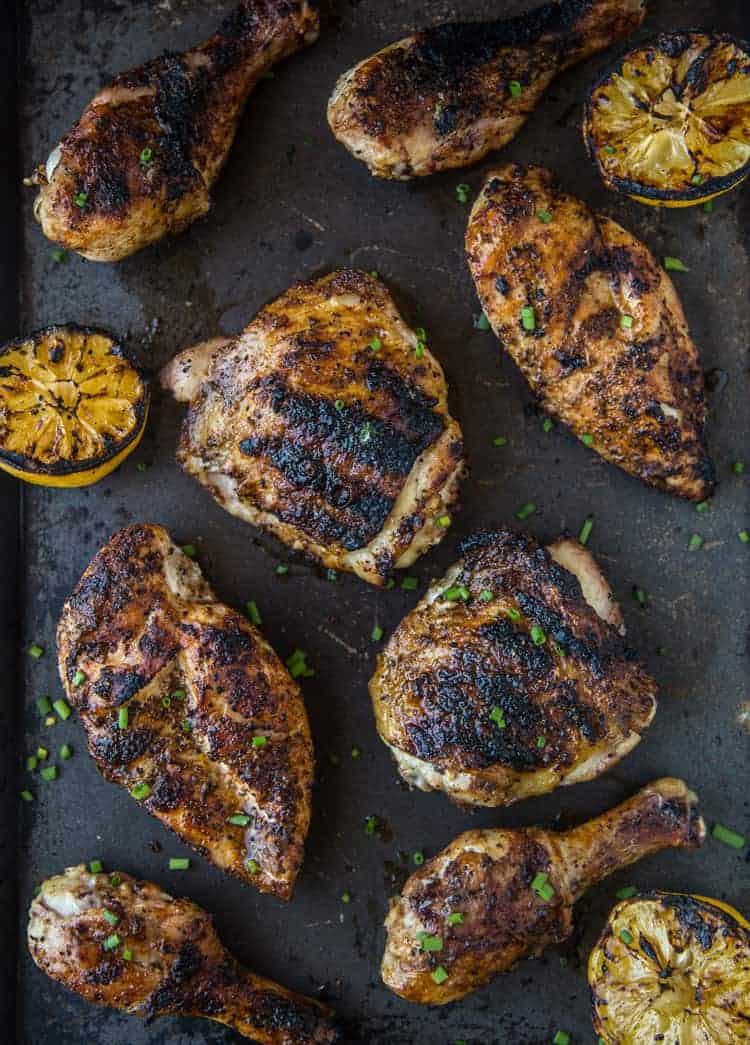 Perfect grilled chicken pieces on a platter 