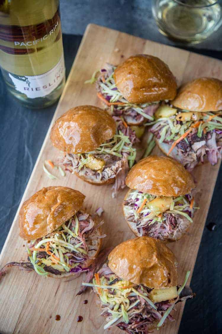 Pulled Pork Sliders and Riesling wine on a platter
