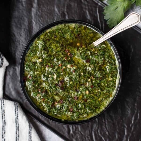 Classic Chimichurri Sauce in a mason jar.