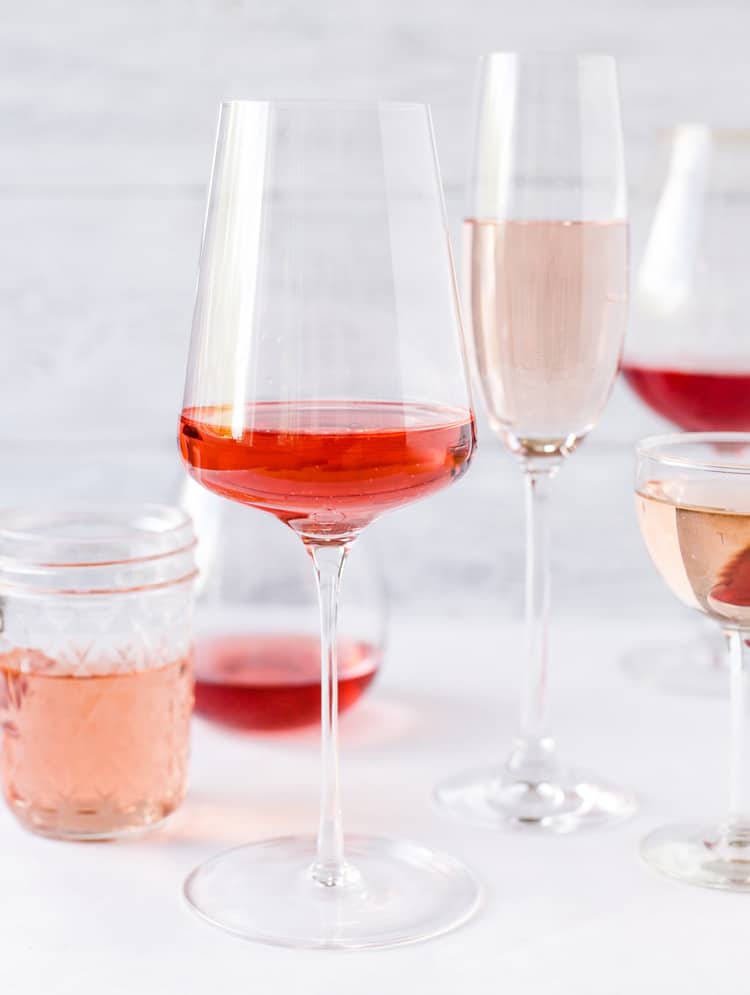 Different styles of rose wine in glasses