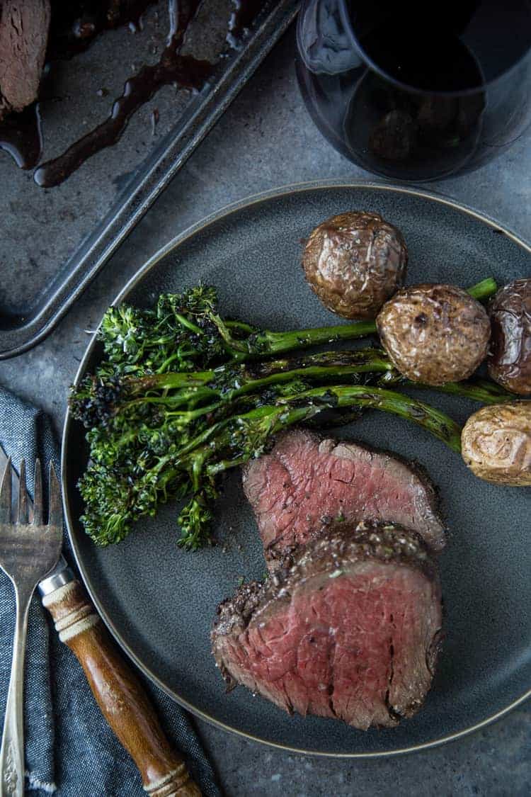 Beef Tenderloin on a plate with broccolini