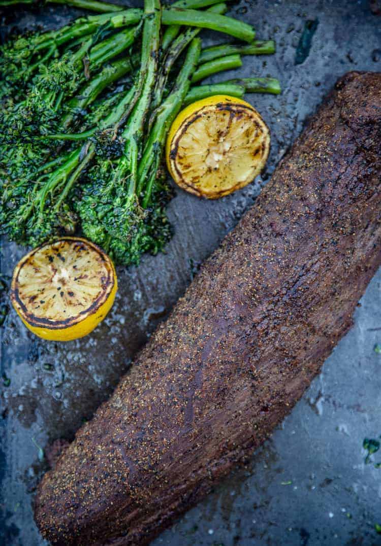 Grilled Broccolini and Beef Tenderloin