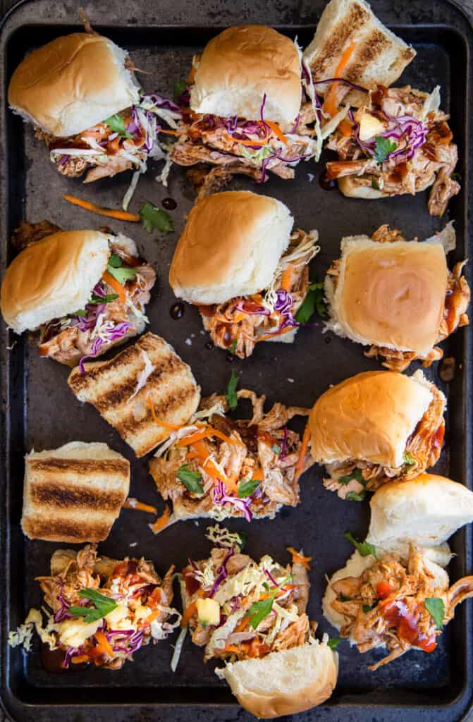 Easy BBQ Chicken Sliders on a sheetpan