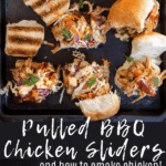 bbq pulled chicken sliders with coleslaw on a sheet pan, pinterest image