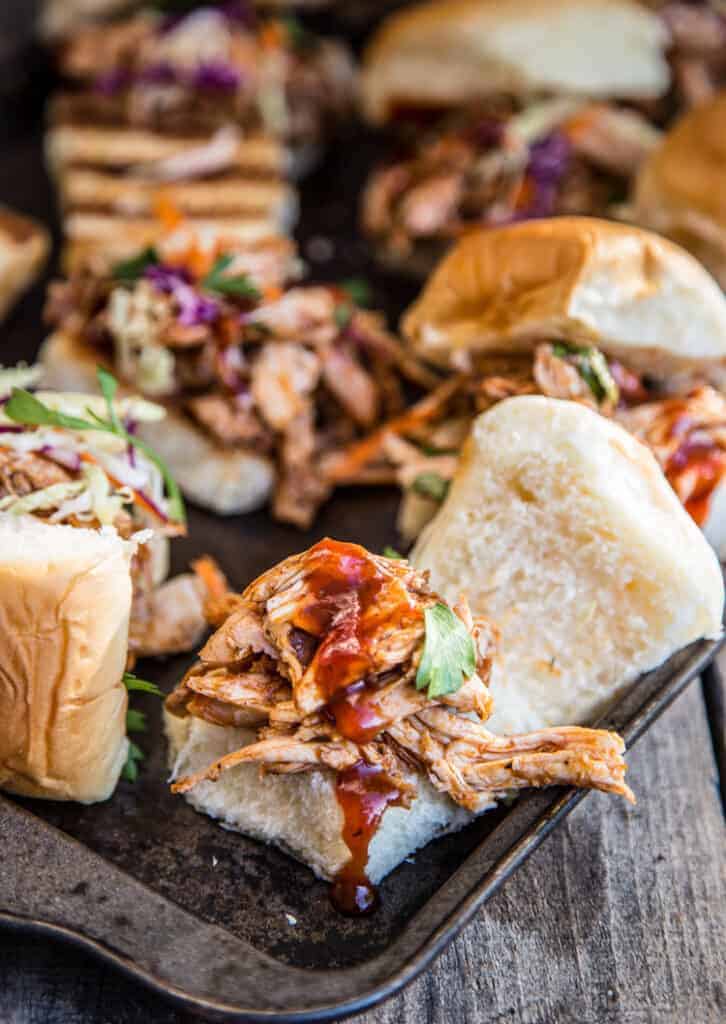 Pulled BBQ Chicken Sliders on a sheet pan