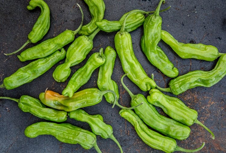 Shishito peppers uncooked on a black surface