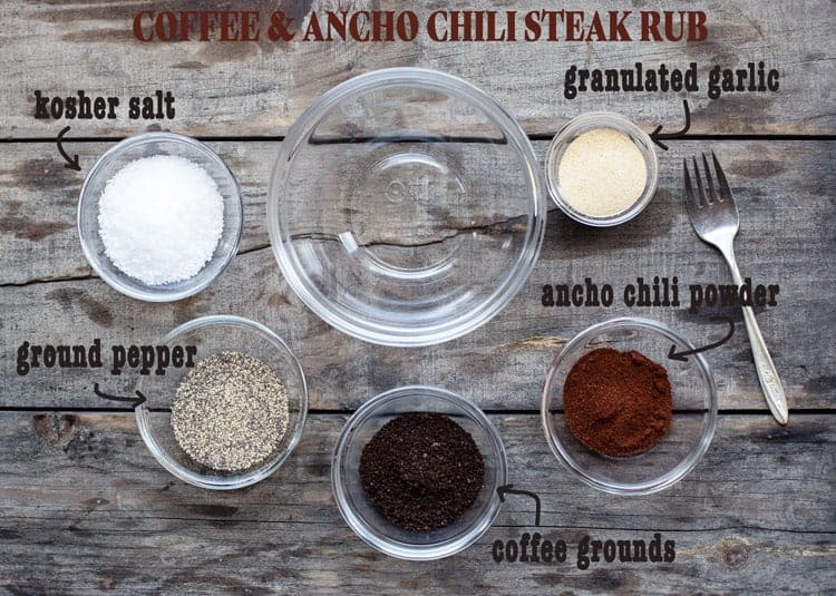 Coffee Ancho Chili Steak Rub ingredients in glass bowls 