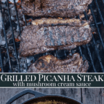 Grilled Picanha Steak on a grill with mushroom cream sauce below, pin image