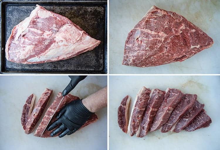 Step by step instructions on how to trim a Picanha (Culotte or Sirloin Cap) into individual steaks.