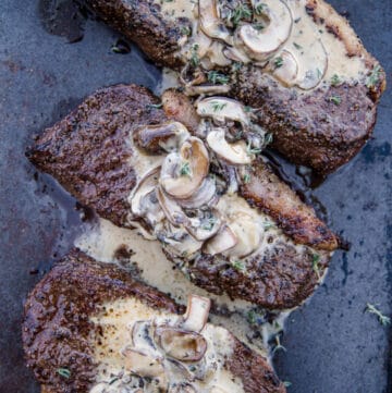 Grilled Picanha Steaks topped with Mushroom Cream Sauce