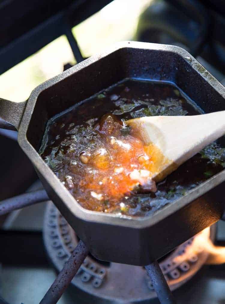 Apricot glaze in a cast iron pan