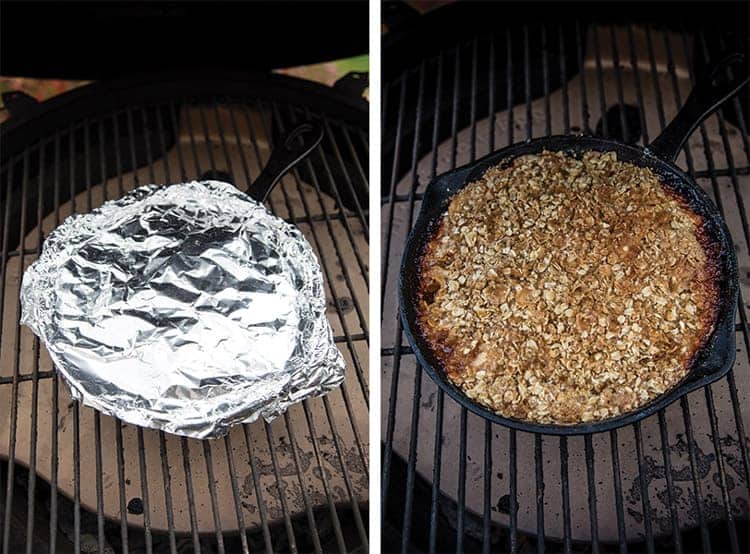 Steps for grilling an apple crisp- one covered with foil and one with oat topping on the grill