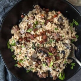 Smoked Sausage and Mushroom Risotto in a bowl