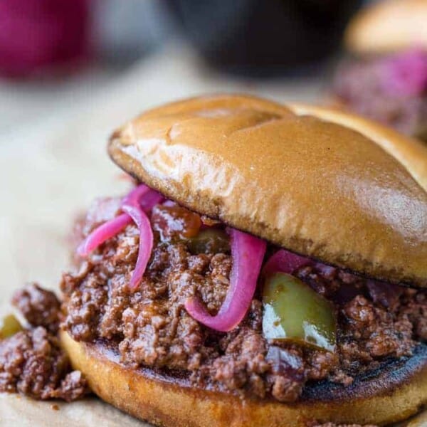 close up of smoked sloppy joe sandwich