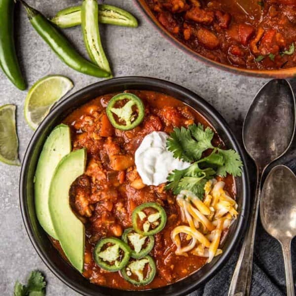 Smoked Turkey Chili with toppings