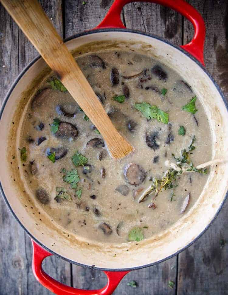 A pot of wild mushroom soup