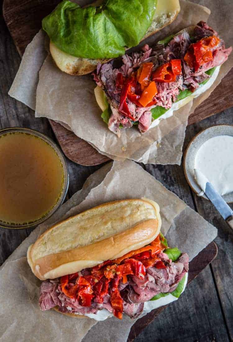 Two French Dip Sandwiches made with leftover Prime Rib served with homemade au jus sauce. 