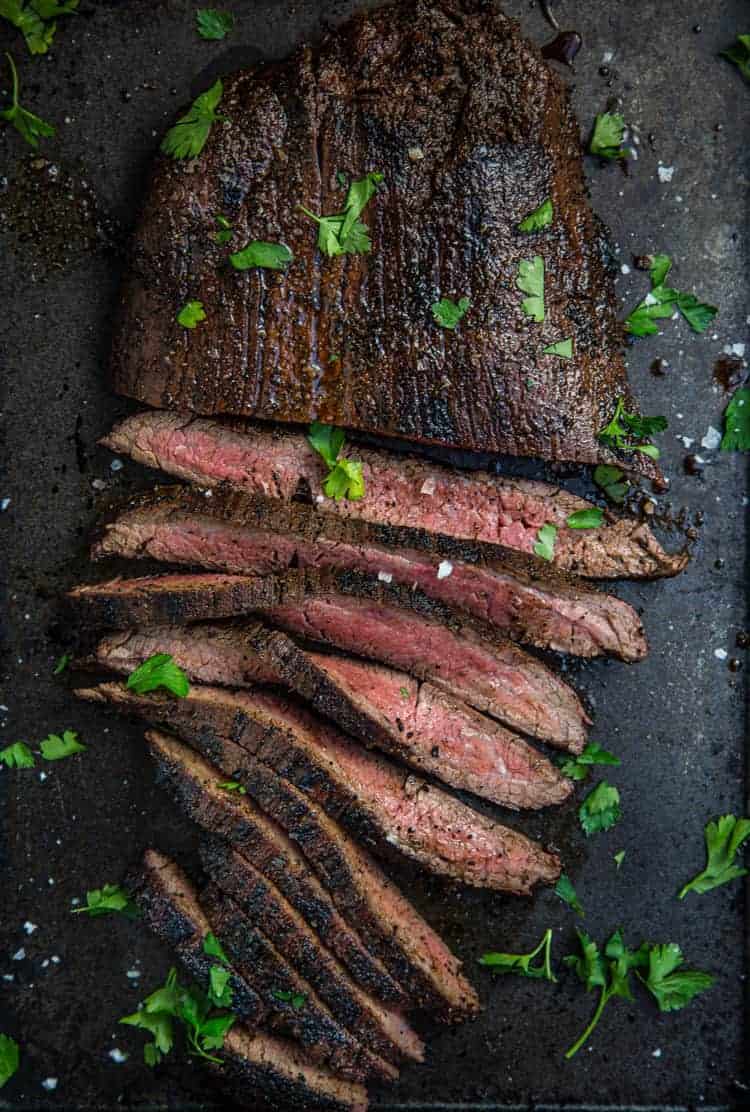 Grilled Flank Steak sliced on a platter