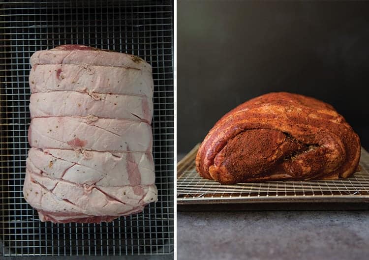 raw porchetta tied with string, and a porchetta that is seasoned