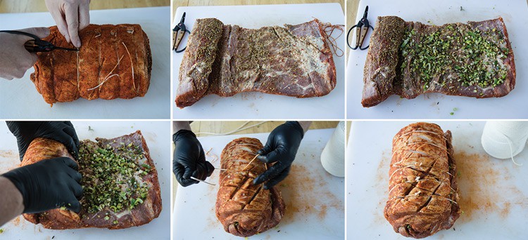 Steps for filling, rolling and tying a porchetta roast