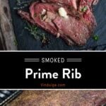 Smoked Prime Rib Pinterest Pin with text on dark background
