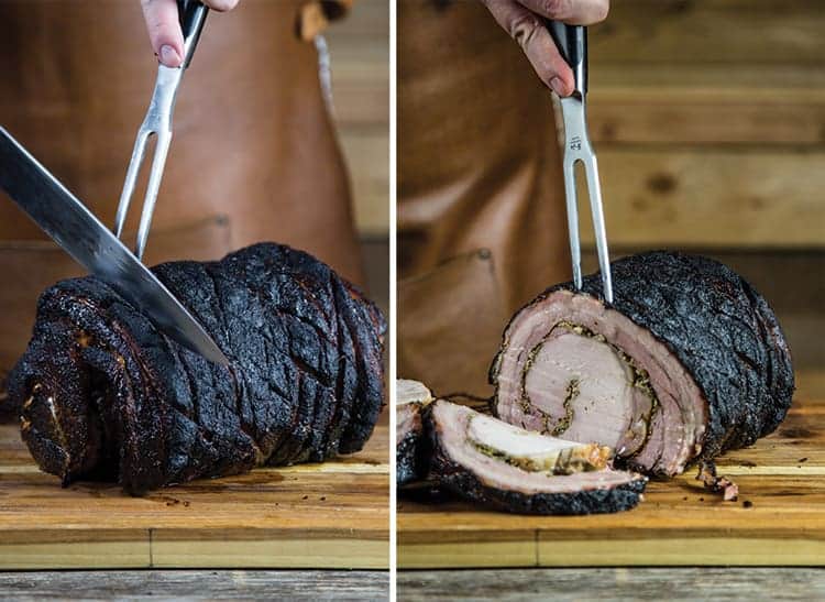 Slicing a porchetta roast, showing the savory filling between layers