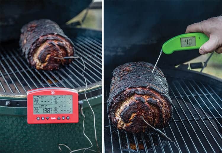 two photos of a porchetta on the grill showing temperatures on meat thermometers.