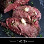 Smoked Prime Rib Pinterest Pin with text on dark background