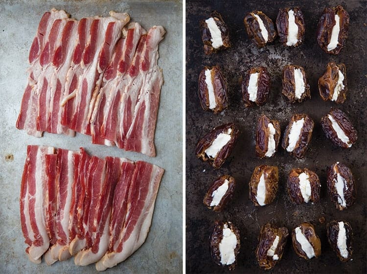 A plate of bacon and stuffed dates to prepare to make bacon wrapped dates. 