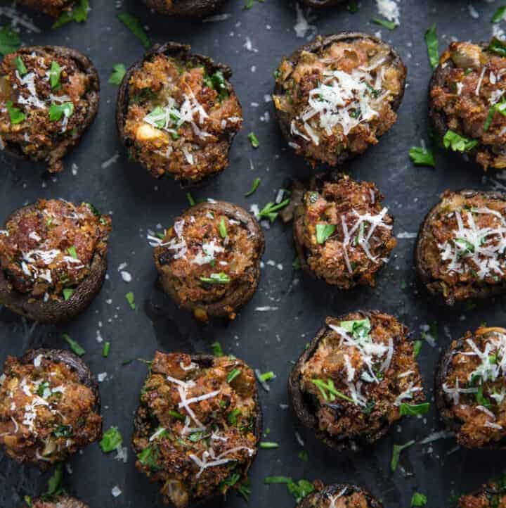 Smoked Sausage Mushrooms appetizers on a platter