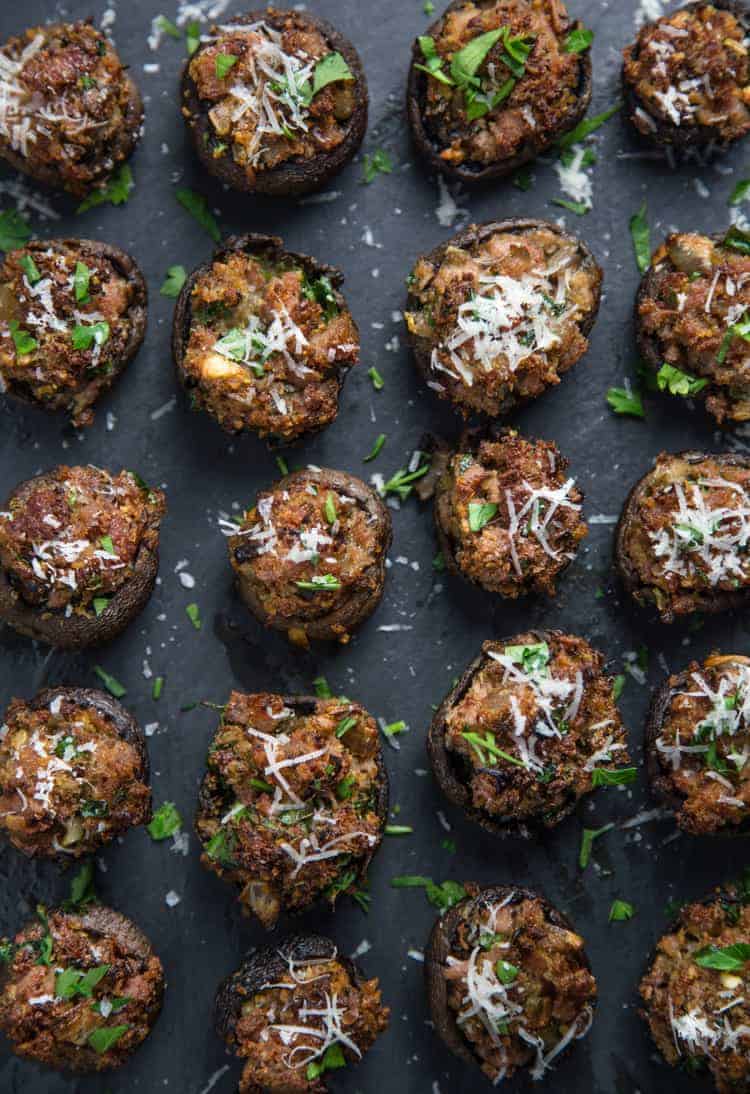 Smoked Sausage Mushrooms appetizers on a platter