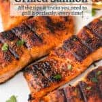 Juicy grilled salmon on a white plate with pinterest text overlay