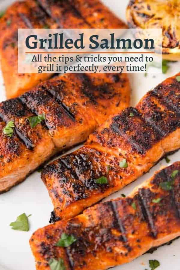 Juicy grilled salmon on a white plate with pinterest text overlay