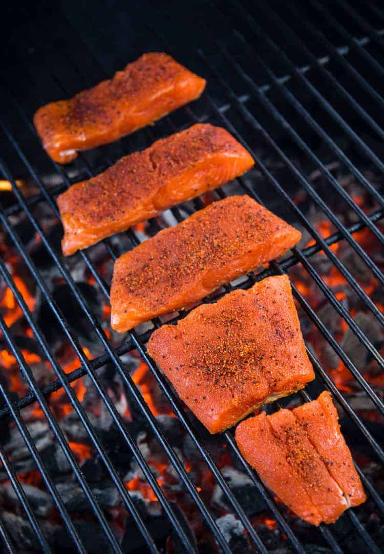 Salmon cooking on the grill