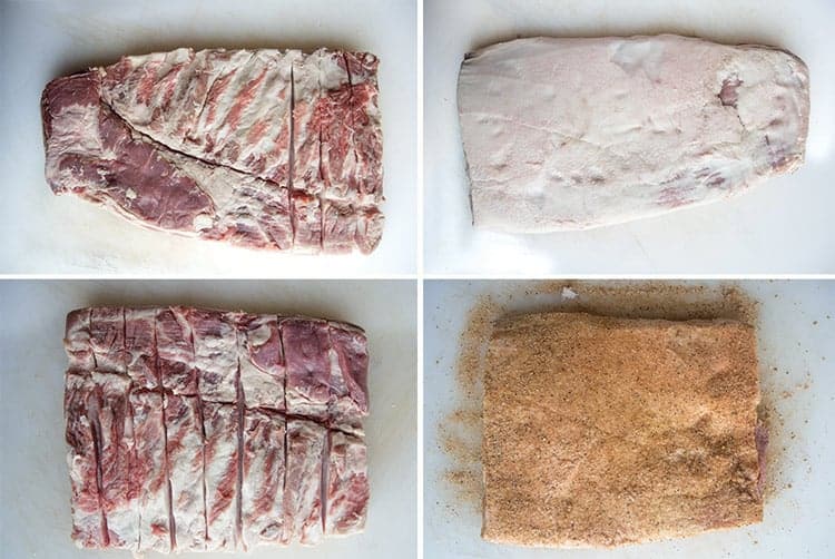 Trimming and seasoning raw pork belly to cook