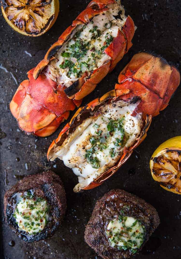 Grilled Lobster and Grilled Filet Mignon resting after grilling