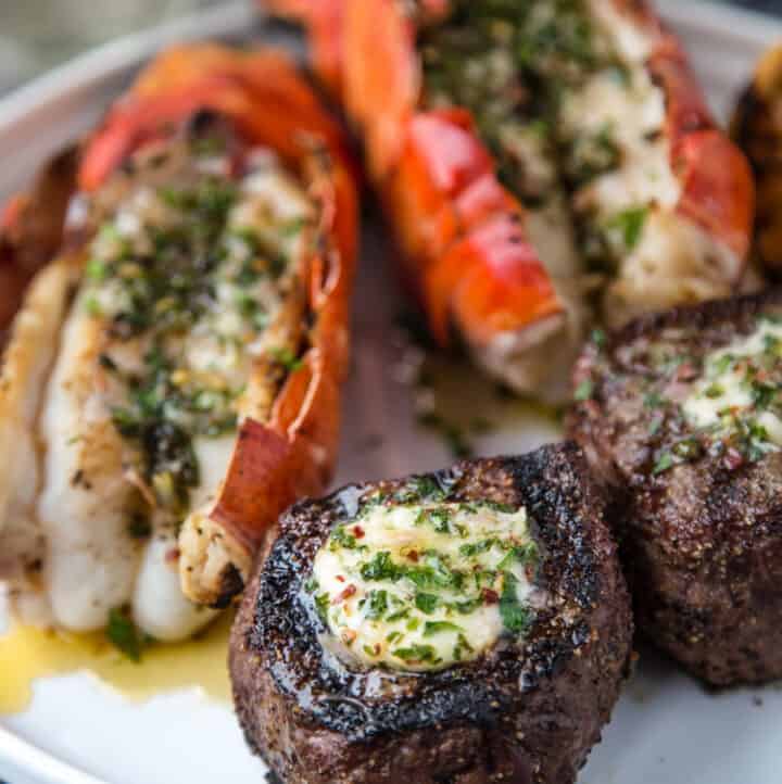 Surf and Turf on a plate with compound butter.