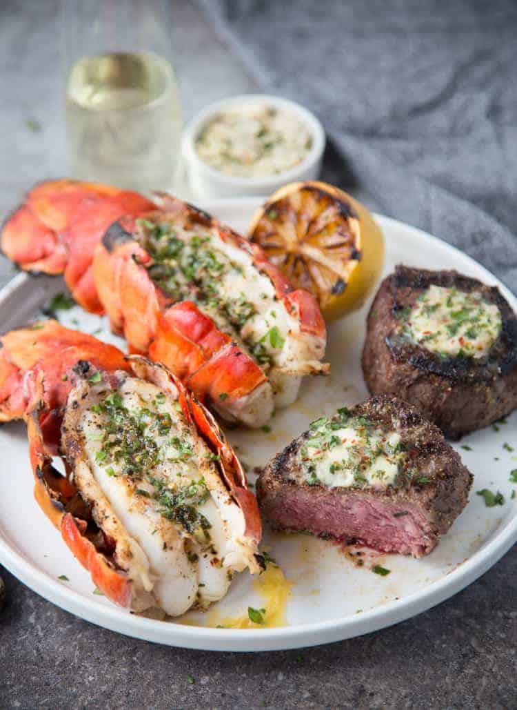 Grilled Lobster and Filet Mignon on a serving platter