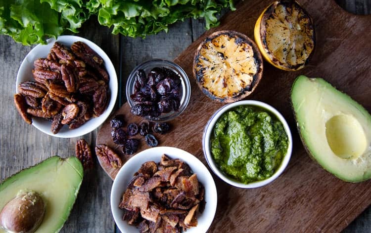 Ingredients for a grilled chicken salad.