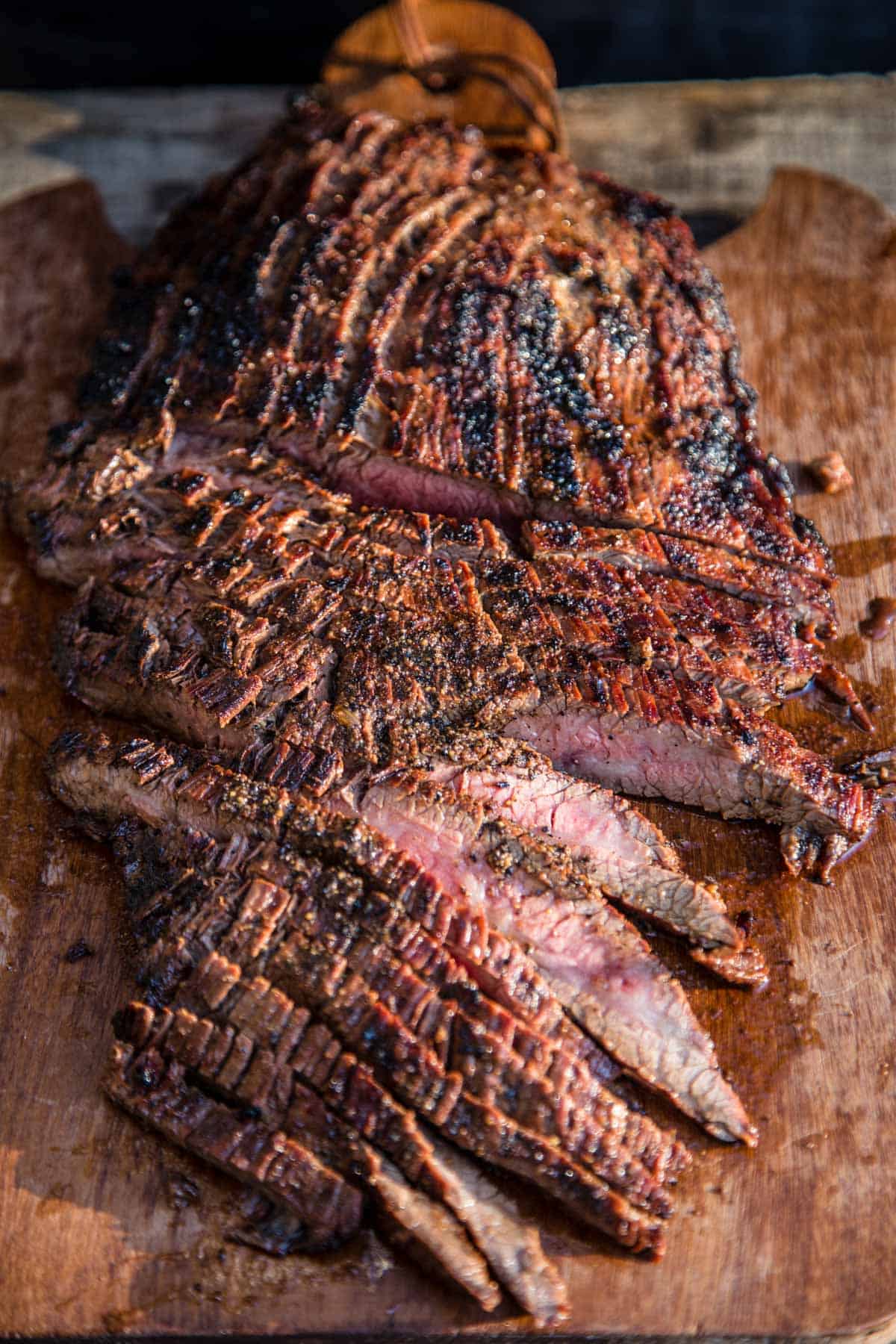 Marinated and sliced Flank Steak from Snake River Farms