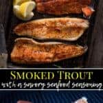 Smoked Trout on the smoker and plated on a baking sheet - pinterest text overlay