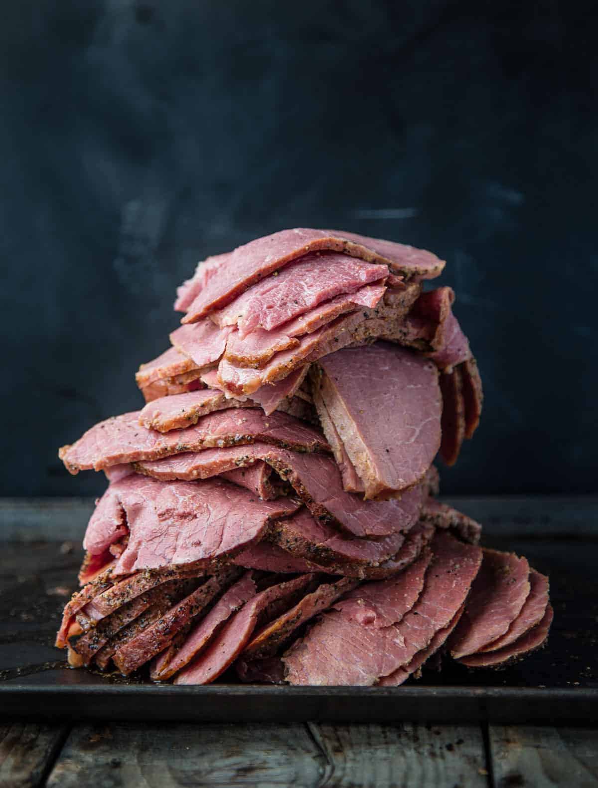 A stack of Homemade Smoked Pastrami Slices