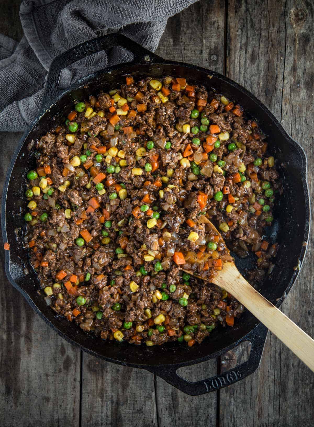 Filling for Shepherd's Pie in a cast iron pan.